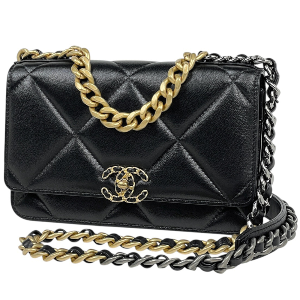Chanel Chain Wallet, 19 Leather, Black, AP0957, Women's